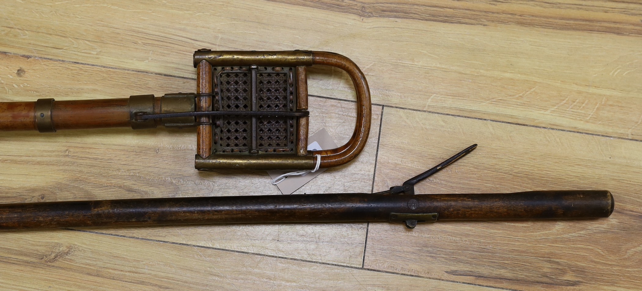 A French bamboo shooting stick and a Victorian library book grabber, 122.5cm